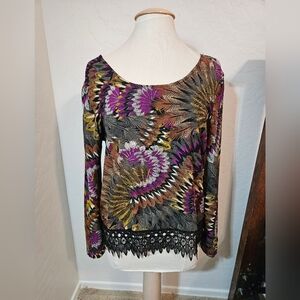 Multicolor Women's Top with Lace Hem